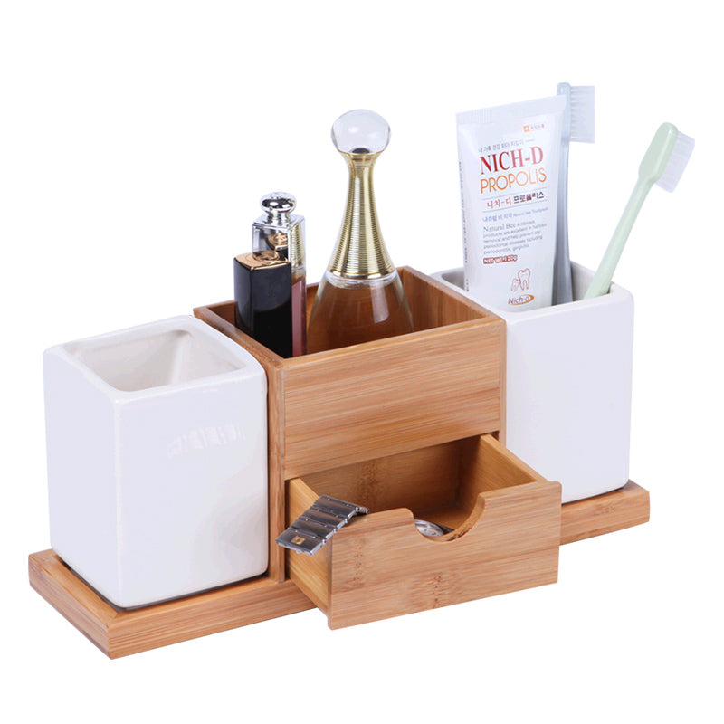 Ceramic & Bamboo Bathroom Organizer set