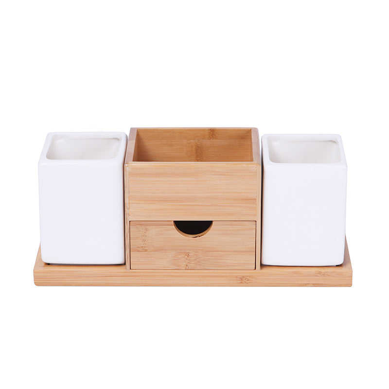 Ceramic & Bamboo Bathroom Organizer set