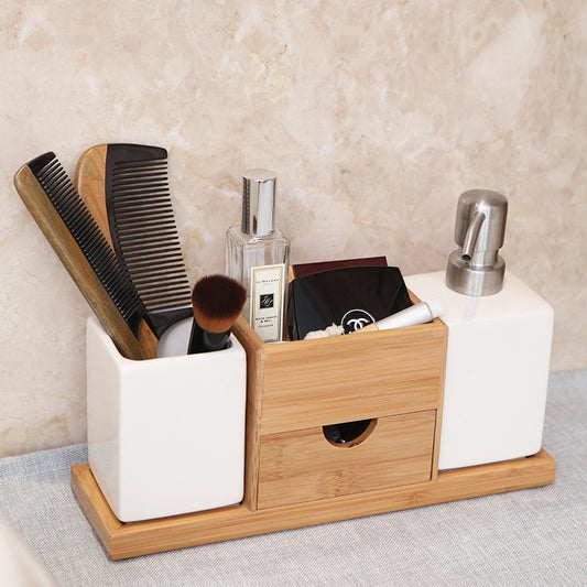 Ceramic & Bamboo Bathroom Organizer set