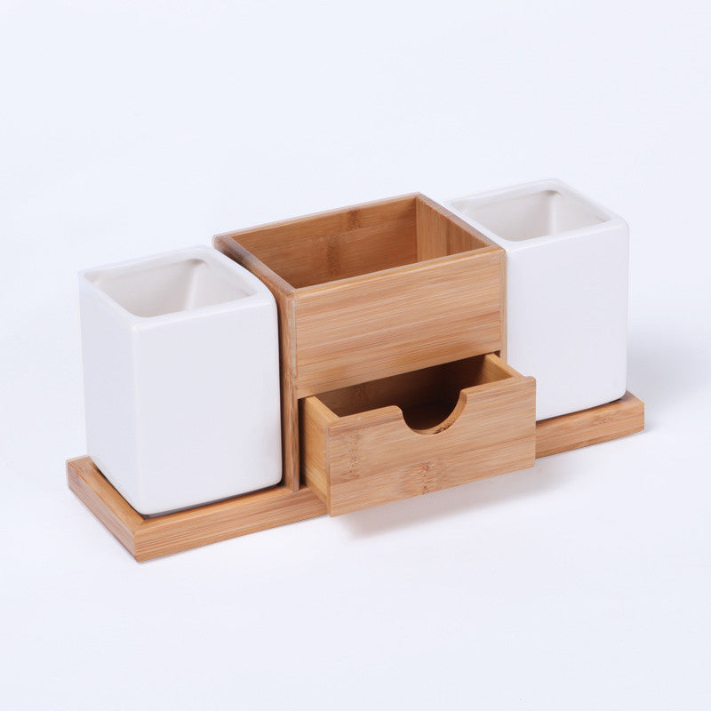 Ceramic & Bamboo Bathroom Organizer set